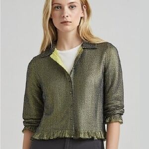 Great Cavalier by St. Paul in Green and Lime‎ Textured Ruffled Hem Blouse Large